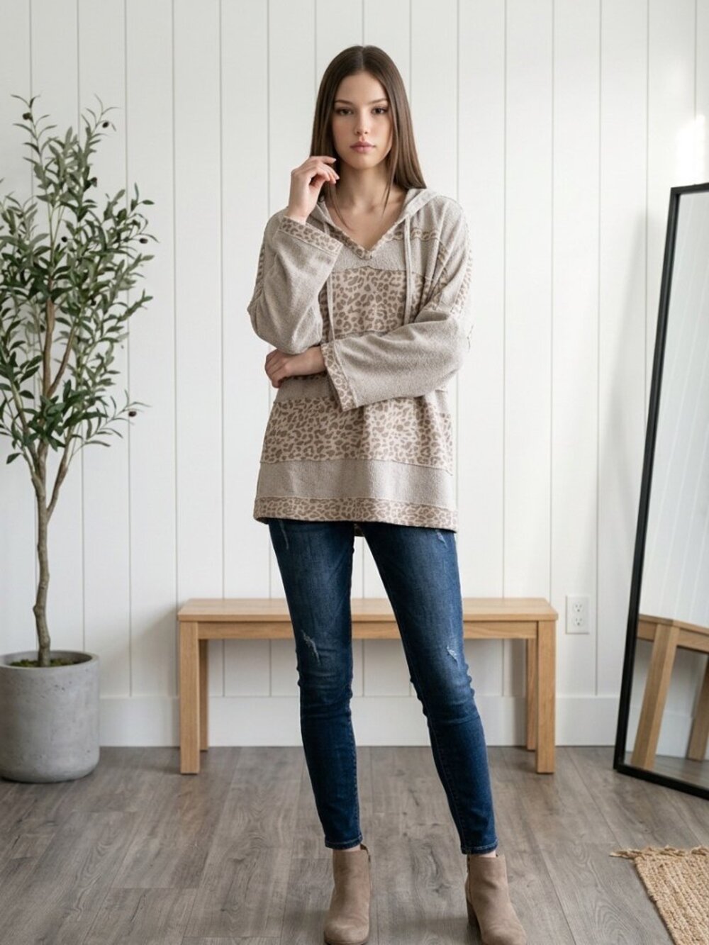 POL Beige-Pink Animal Print Oversized Hooded Sweater - Small (NWOT)